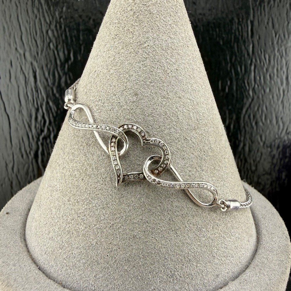 Designer Sterling Silver Bracelet Heart Rhinestone Adjustable Bolo
